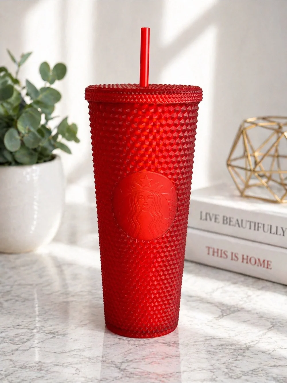 Starbucks Red Textured Studded Cold Cup with Straw